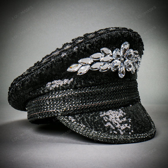Steampunk Burning Man Captain Hat with Silver Rhinestones - Black - Picture 4 of 10